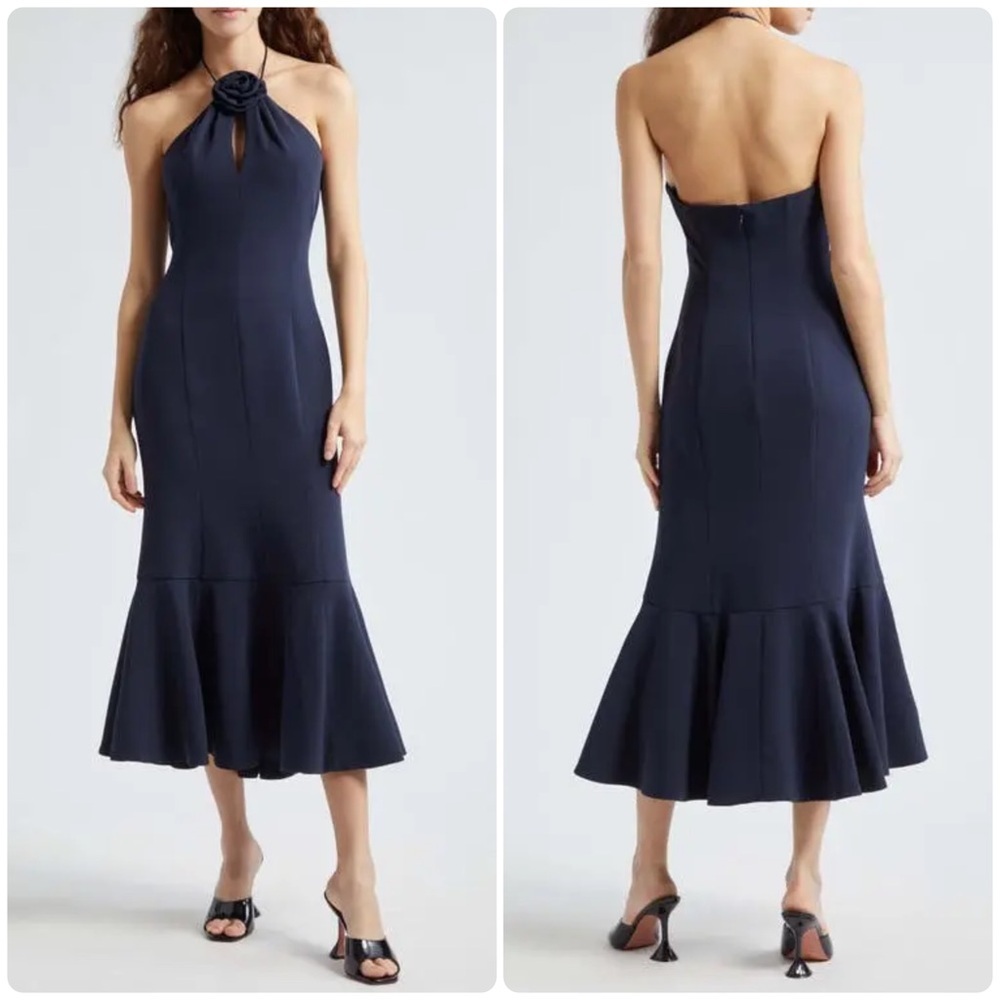 New! Cinq à Sept Jennie Rosette Crepe Navy Halter Mermaid Midi Dress💙size 12 NWT